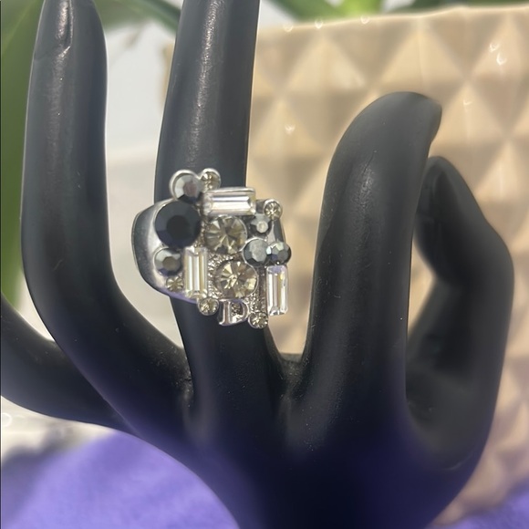 Silver and Black Halo Ring with Emerald Cut Center